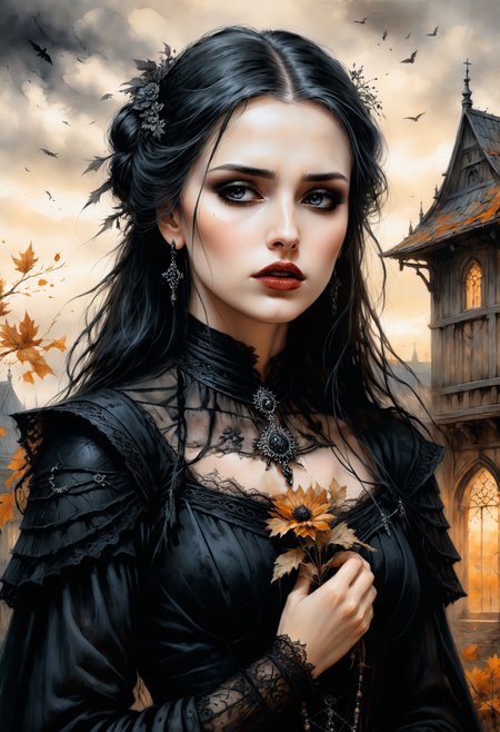 An illustration drawing in the dark fantasy (witcher) comics-style art by (Luis Royo: 1.2), depicting a (single) (1girl:1.2) young, innocent looking medieval Slavic noble (widow) woman. She is grieving in a couryard of a old eerie looking wooden orthodox mansion during autumn dusk, crows circling in the sky Her skin is pale, she has short black hair bun, she wears mourning widow tunic holding (bouquet of dried flowers) and delicate lace widow's veil with black eyeshadow and black lipstick. <lora:add-detail-xl:0.8>  <lora:xl_more_art-full_v1:0.8>