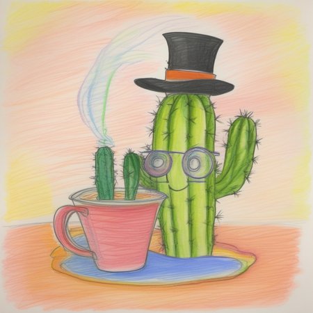 A cactus in a pot, wearing a top hat and monocle, sipping tea <lora:crayons_v1_sdxl:1>