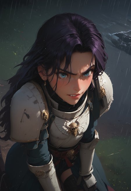 1girl, solo, 24 year old woman, large build, kneeling:1.4, beautiful, long hair, dark purple hair, freckles:1.4, face uplifted:1.6, looking up, looking at the sky, earrings, fierce grin:1.5, crying:1.5, teeth clenched:1.4, angry smile:1.5, wide hips, knight armor:1.5, heavy armor, gauntlets, greaves, bright blue eyes, arms at her sides, rain falling on her face:1.5, tan skin, on knees, tears on chin, tears on cheeks,

dusk, after battle, muddy field, some grass, fallen soldiers around her:1.4, storming, dark gray sky, dark sky:1.4, streaming banners, battlefield, intense rain:1.3, dreary, raining, overcast, mountains and hills in the background,

score_9, score_8_up, score_8, masterpiece, best quality, official art, extremely detailed, CG unity 8k wallpaper, absurdres, high definition, photorealism:1.5, detailed shading, high contrast, ambient occlusion, vivid colors:1.5, saturated colors:1.6, 

downward angle:1.3, cowboy shot, cinematic, from above:1.3,

expressiveh, whites40k, tears, 