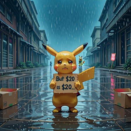 20is20, holding sign, anime, sign, masterpiece, looking at viewer, pikachu, outdoors, standing, dark background, crying, raining, cardboard <lora:$20_is_$20_Holding_Sign_v1.0_-_Illustrious_by_JANXD:1>