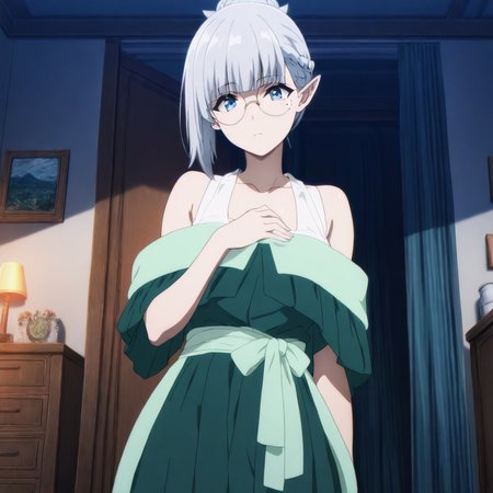 solo,cowboy_shot,looking at viewer,masterpiece,high score,great score,absurdres,anime coloring,<lora:BetaV3 ag4o:1> betakage, pointy ears, grey hair, short hair, blue eyes, mole under eye,hair bun,green dress,green skirt,bare shoulders,round eyewear,indoors,