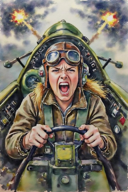 Watercolor.
A female pilot screaming inside the cockpit of a World War II bomber. The pilot, wearing a vintage leather flight helmet with goggles and a bomber jacket, grips the controls with white-knuckled hands. Her face is contorted in a mix of fear and determination as she yells, her eyes wide with adrenaline. The cockpit is cramped and filled with old-fashioned dials and gauges, with the outside view showing dark stormy clouds and distant anti-aircraft fire <lora:watercolor1_nbm_cap_d6a3e12:1.0><lora:838836336149591795:0>