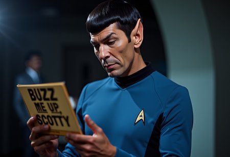 raw lighting, overexposed, harsh flash,,score_9, score_8_up, score_7_up, score_6_up,masterpiece, ultra-realistic 8k, (best quality), highly detail, sharp, detailed,higher resolution textures, 4k graphic resolution,  1male, solo, Spock, star trek, pointed ears, half man, half vulcan, sharply jutting eyebrows, perfect eyes, blue shirt with black trim, star trek emblem on shirt, black hair, pose, holding a tricorder device, looking downwards,Expressiveh ,light rays,lens flare,light particles,beautiful color, detailed, amazing quality, 3/4 perspective,flux-style,logo, holding sign that says "Buzz me up, Scotty."