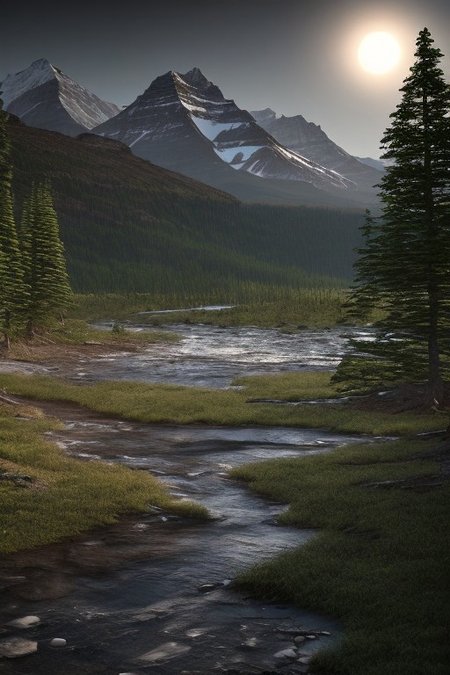 Beautiful outdoor, nature, no humans, mountain, glacier national park, dark twilight, forest, masterpiece, sharp focus, photorealistic rendering, extremely detailed
