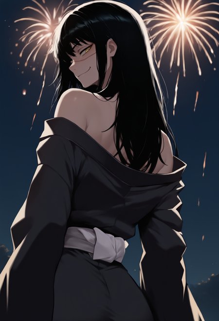 masterpiece, best quality, newest, anime, from behind, solo, 1girl, yru, scar on cheek, scar on nose, cross scar, smirk, looking back, long hair, black hair, yellow eyes, ringed eyes, japanese clothes, black kimono, off shoulder, white sash, obi, bare shoulders, outdoors, night, fireworks
<segment:yolo-face_yolov8m.pt,0.4,1//cid=1>