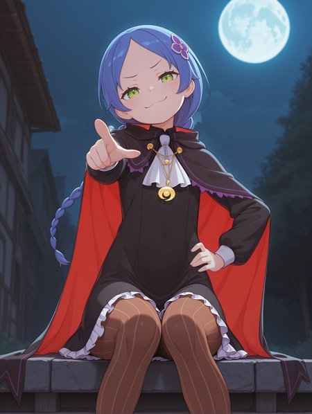 <lora:Meili Illu_1:1>1girl, solo, 
4ssassinmeili, blue hair, green eyes, long hair, single braid, 
black dress, brown pantyhose, vertical-striped pantyhose, frills, white ascot, black cloak, cape, two-sided fabric, crescent pendant, flower hair ornament, 
one hand on hip, smug, night, sitting, pointing at viewer, head tilt, full moon, bats depth of field, outdoors, 
 <lora:Bartolomeobari Style Illustrious:1>, masterpiece, best quality, amazing quality