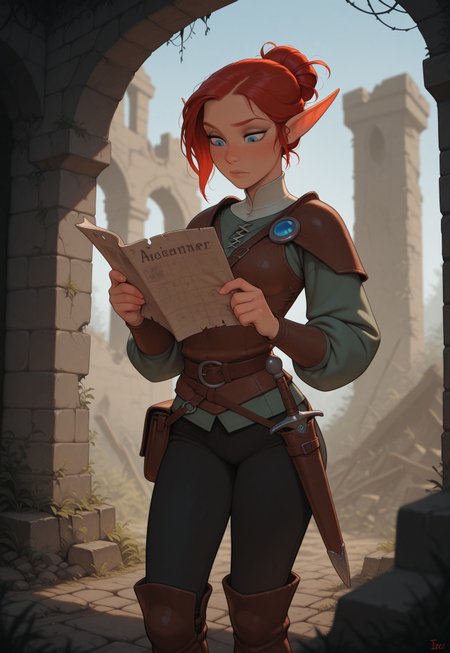 masterpiece, best quality, amazing quality, very aesthetic, DISNEY_ANIMATION, incoth, (incase:0.6), female, solo, (depth of field), medieval setting, ruins, day time

elf, red hair, blue eyes, cute face, slender, small breasts, updo hair, short elf ears, short ears

leather armor, dagger in scabbard, satchel, black pants, leather boots,

adventurer exploring ruins, reading map,