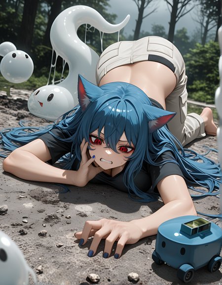 RTX, on_side, Poltergeist, White Theme, boots, best quality, ultra-detailed, huge breasts, shadow-like trees., slime_(creature), anime character, miniature world, tan skin, pain), ephemeral, masterpiece, lying, Eto Yoshimura (Tokyo Ghoul), newest, Navy blue hair, 8K, ray_tracing, very long hair, depth of field, motion_blur:1.1, long_nails, Rapunzel-length, Clenched teeth (Anger, effort, Focused Light / Spotlight, heavily tattooed, amazing quality, cat_ears, very aesthetic, Dutch angle, barefoot, Forest composed of whispering, absurdres, nail_polish, cargo_pants, ambient occlusion, overcast, Henley_shirt, 1girl, knees_slightly_bent, backpack, absolutely eye-catching, motion_lines:1.1