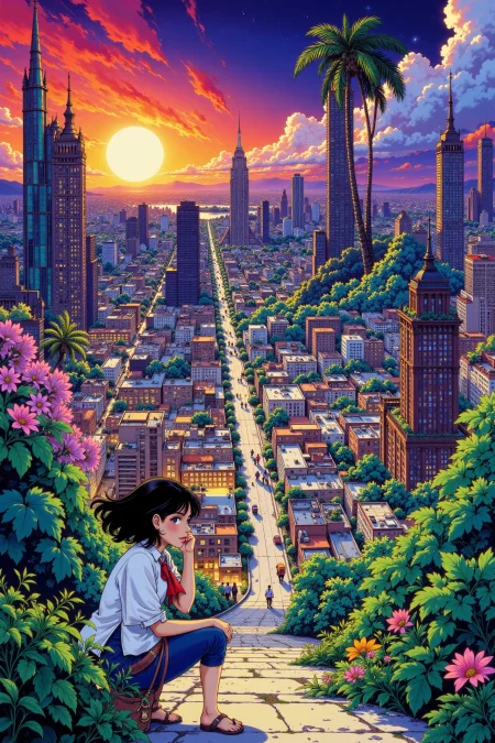 1990s 90's city beautiful  landscape, noon, woman, very intricate, very detailed, sharp, bright, colorful, <lora:Hand v2:0.5> <lora:Anti-Blur:1><lora:Insane Detail Slider:0.25>  <lora:flux.1_lora_flyway_Epic-detail_v2:0.3> <lora:fluxenhancer:0.25> <lora:ROWER:0.8> <lora:Anime art - Variant 3:0.6> Anime art