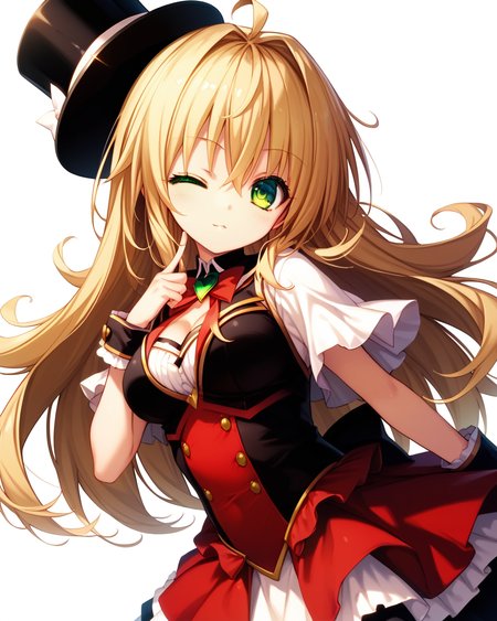 score_9,score_8,score_7_up,soure_anime,high res image,masterpiece,best quality,<lora:Kadoya Yaeka_v1:1>,kadoya yaeka,1girl,long hair,breasts,solo,green eyes,blonde hair,ahoge,white background,magical girl,top hat,one eye closed,looking at viewer,standing,