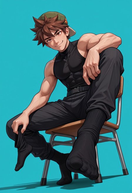 masterpiece, absurdres, high quality, perfect anatomy, arwe, foreshortening, BREAK
jax, 1boy, male focus, solo, brown hair, brown eyes, spiked hair, short hair, bangs, hat, green cap, 
BREAK, teasing, cinematic, intricately detailed illustration, depth of field, masterpiece, best quality, amazing quality, very aesthetic, absurdres, newest, very awa,  shadow, dynamic angle, casual cosplay, dynamic pose, simple background, teal theme, full body, feet focus, detailed fingers, black footwear, no shoes, looking at viewer, black socks, cocky smile, siting, chair, submissive pov, feet towards viewer, dominant, twunk, muscular, muscles, lycra pants, domination, arrogant smile, looking down on viewer, compression outfit, holding worn out socks in hand, short socks