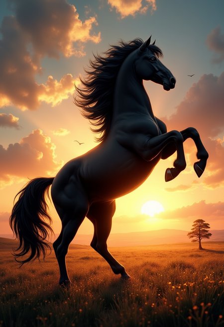 Title: The Majestic Stallion In this powerful scene, a large black horse rears up majestically, its muscular body tense and ready to take flight. The sun dips below the horizon, casting a warm glow upon the proud stallion as it lets out a thundering whinny. The background is a vast, open plain dotted with wildflowers and a lone tree, symbolizing the horse's freedom and untamed spirit. The lighting is dramatic, with harsh shadows emphasizing the horse's defined features and the contrast between its dark coat and the vibrant sky. The overall mood is one of strength, courage, and unbridled passion, evoking a sense of awe and reverence for the majestic creature. Style: Realistic, Epic, Dramatic.,  <lora:FluxDFaeTasticDetails.safetensors:0.8> <lora:glowing_flux.safetensors:0.8>,