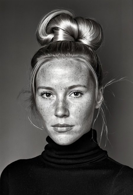 classic portrait of a Swedish woman, slightly freckled, natural skin, skin pores, she is in a black turtleneck, long blond hair rolled into a high bun creating two huge loops above her head, black and white photography, high contrast, long shadows, studio photography,