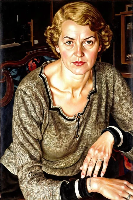 sspencer1 painting.
A painting of a woman in a seated position. She has short, light blonde hair styled in a neat bob. Her expression is serious and slightly forward-leaning, with her right hand resting on a wooden surface. <lora:sspencer1_cap_d6a3:1.0><lora:832110602047491452:0>