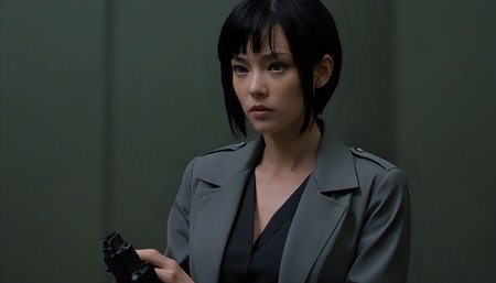 Motoko Kusanagi in Blade Runner 1982, neo noir, cyberpunk, cinema still medium shot 8k, wearing school uniform