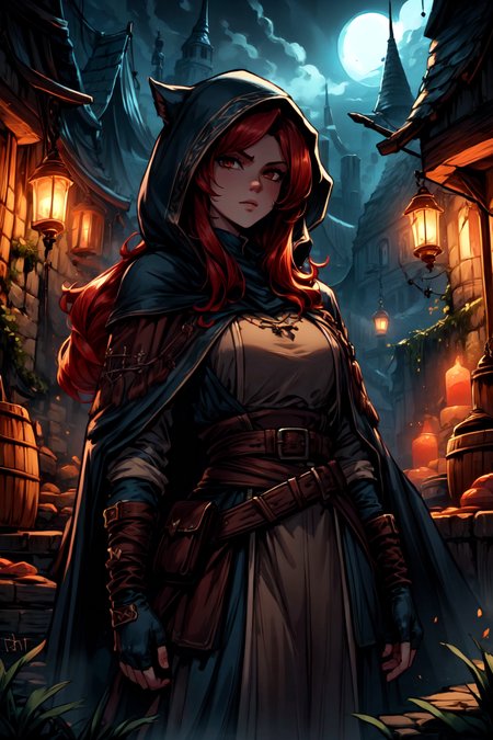 <lora:FantasySettlement:1> fanse, fantasy medieval town, stree, daylight, radiant,  <lora:Fantasy_Classes_SD:1> fantasy class, rogue, dark cloak, hood, sneaky, dextrous, daggers, thief, mysterious, fingerless gloves, looking at viewer, seductive, best quality, masterpiece, <lora:more_details:0.7>, 1girl, solo, bright red hair, long hair, brown eyes