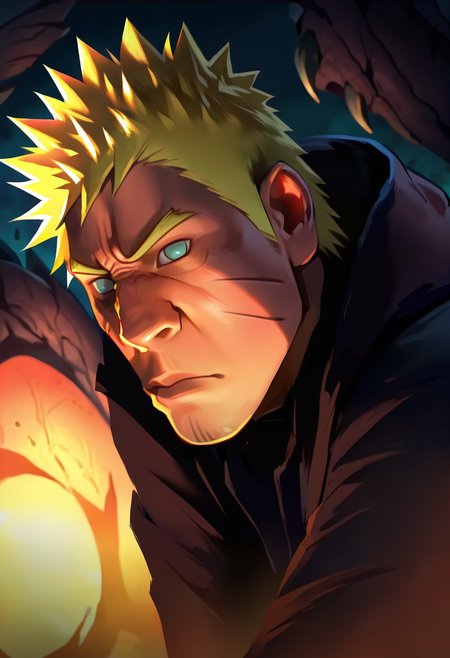 masterpiece, best quality, newest, absurdres, highres, Warbringersstyle-V1.0, male focus, solo, solo focus, 1boy, uzumaki_naruto \(naruto\), blonde hair, spiky hair,