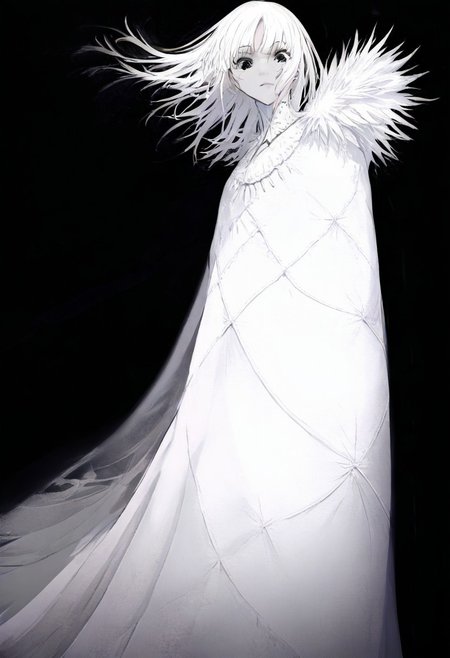 solo, looking at viewer, black eyes, black background, 1woman, long ringlet white hair, extremely pale skin, serious, all white gown (pure white), masterpiece, best quality, very aesthetic, absurdres
 <lora:monfornoob:0.95>