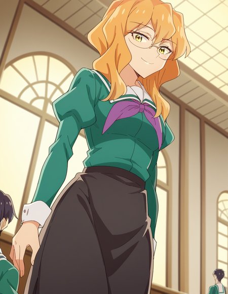 score_9, score_8_up, score_7_up, source_anime, <lora:sumika-chibana-s1-ponyxl-lora-nochekaiser:1>, sumika chibana, long hair, blonde hair, yellow eyes, glasses,, skirt, long sleeves, school uniform, puffy sleeves, serafuku, purple neckerchief, green shirt, black skirt, long skirt,, Buildings, architecture, man made, urban, interior, smile, from below, looking at viewer, solo,, dutch angle, cowboy shot