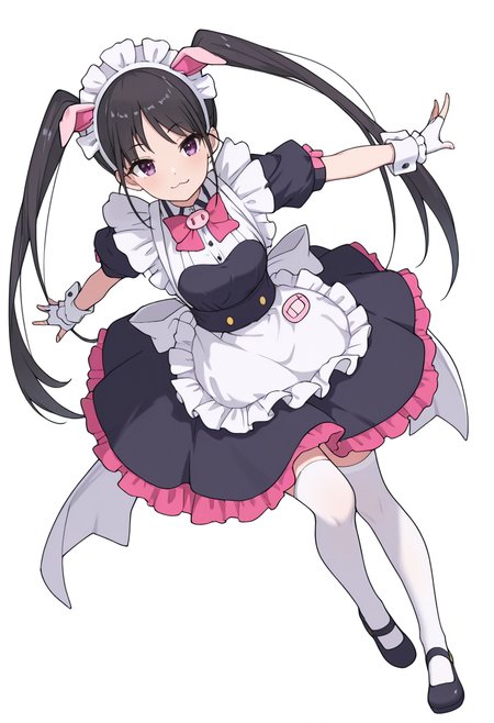 Smooth Quality,masterpiece,very intricate, high quality details, ultra realistic, high detailed skin,detailed enviorement,absurdres,
 <lora:Hiiragi_Yume_Yumechi_CNR:1> hiiragi_cnr, black hair, long hair, twintails, purple eyes,fake animal ears, pig ears, hiiragi_maid_cnr,maid, maid headdress, maid apron, frilled apron, black dress, puffy short sleeves,white thighhighs, black footwear,fingerless gloves,white wrist cuffs,pink bowtie, frills,, simple background, white background, dutch angle,solo,
one arm extended forward, opposite leg extended back, parallel to floor  ,, ;3,