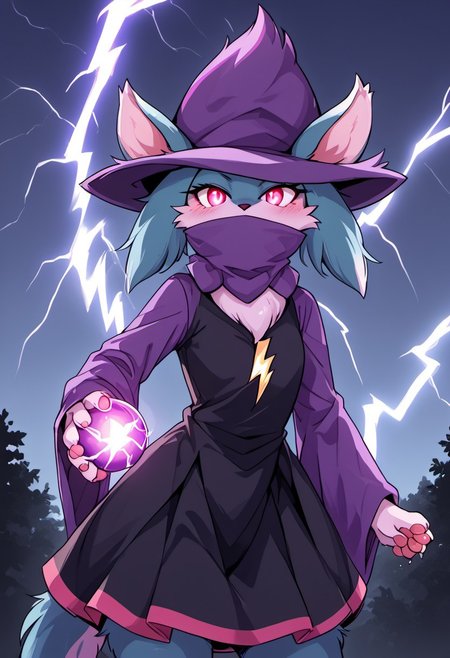 realistic,  (semi-realistic style) (Vignette ),(Night:1.3),(dramatic photo :1.3), (Ripple effect :1.3),(moving effect:1.3), (Fluff textures :1.3),(Dark color palette:1.3), (Low key lighting:1.3), (character partially obscured:1.3), (Dutch angle:1.3), Subject separation, depth of field(Distant shot)(Landscape view:1.3)(Katress from palworld furry female, blue fur, red eyes, nose blush, covered mouth, purple hat, purple scarf, black shirt, black skirt,(glowing purple lightning powers inside all her body:1.7)glowing purple hands,holding thunder ball, glowing purple eyes,