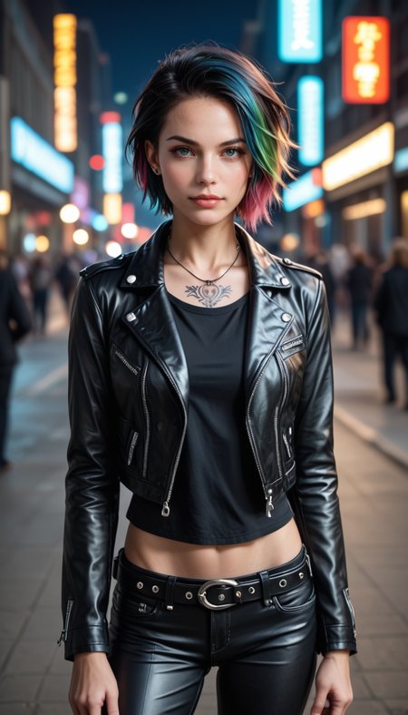 score_9, score_8_up, score_7_up, (Cowboy shoot photo), girl, cute, punk, seductive, innocent, very short hair, multicolored hair, in high detailed textured (black leather jacket), piercing, small tattoo, black leather belt, (most iconic photo), (light smile:0.3), (London night background), (depth of field), (dynamic angle), (fine textures details), (realistic:1.4), (realistic skin:1.4), (sharp), (artistic photo), (analog film grain)