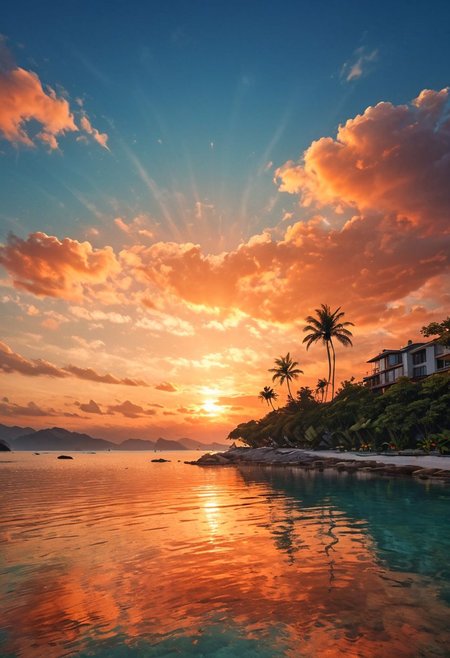 ((sea bay)), beach, palm tree, sunset, orange sky, cloud, (masterpiece),((ultra-detailed)), (highly detailed CG illustration),(expressionless), (best quality:1.2), High quality texture, intricate details, detailed texture, High quality shadow, Cinematic Light, Depth of field, light source contrast, perspective,20s, (ulzzang-6500-v1.1:0.5), <lora:epi_noiseoffset2:1>,  <lora:add_detail:0.8>,