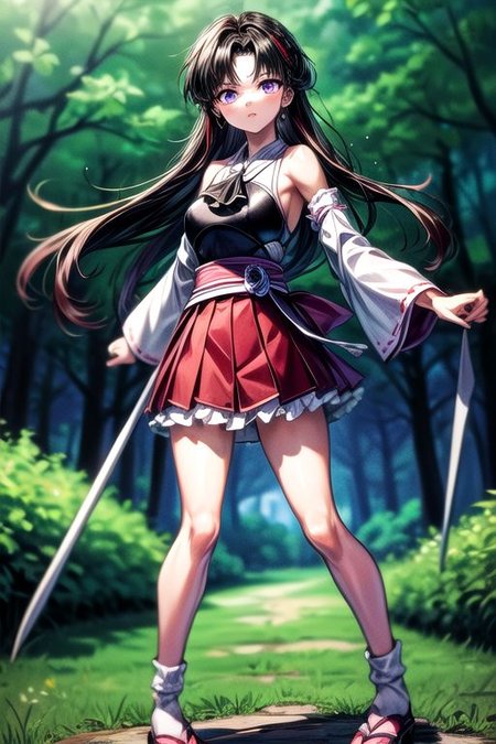 masterpiece,  best quality 1girl Setsun4 solo long hair,  (night time) forest background black hair very long hair purple eyes multicolored hair armor (fur trim) (medium body),<lora:EMS-179-EMS:0.800000>,<lora:EMS-293862-EMS:0.800000>ascot, bare shoulders, black footwear, detached sleeves, embellished costume, frills, japanese clothes, nontraditional miko, red skirt, sandals, sarashi, skirt, socks, armor, miko