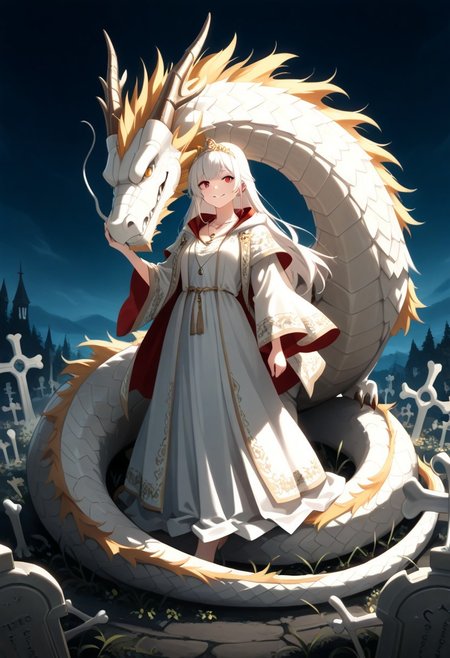 outdoor,core_9, score_8_up, score_7_up, anime_source,girl and dragon,(1 girl:1.5,white hair,long hair,gray luxurious robe,ornamental robe,pendant with round jewelry,tiara) and,
(1 dragon,giant dragon,bone dragon,boneswm),
A woman stands next to a bone dragon,The dragon is protecting her and she leans against its head,
<lora:tbh82-:1>,
masterpiece,best quality,super fine illustration,smile,(The background is a dense  cemetery:1.1),Limited Color Pallet,boneswm,dragon riding,