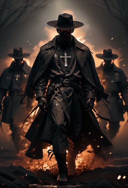 (score_9, score_8_up), score_7_up, Highly detailed RAW color Photo, 1male, hat, holding, full body, black silhouette, glowing red eyes, boots, multiple boys, belt, holding weapon, coat, standing, photoshoot theme, glowing, cross, glowing eyes, black coat, black masks, black gloves, dark, 3others, simple background, grey background, gritty, gorgeous details, depth perception, backlighting, photorealistic, robot, breathtaking scenery,
dark lighting, dof, depth of field, realistic, dark background, CINE, embers,
<lora:unholy-000009:0.8> <lora:CINE-000008:0.4><lora:- SDXL - vanta-black_contrast_V3.0:0.7>
<lora:sinfully_stylish_SDKL:0.5>  <lora:GwentStyle_v2:0.4>