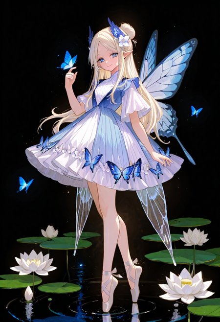 masterpiece, best quality, good quality, very aesthetic, absurdres, newest,1girl, solo, long hair, looking at viewer, smile, blue eyes, blonde hair, hair ornament, dress, closed mouth, standing, full body, white hair, flower, short sleeves, wings, pointy ears, hand up, hair flower, white dress, hair bun, water, high heels, parted bangs, bare legs, blue dress, white footwear, white flower, single hair bun, black background, bug, head wings, butterfly, light particles, blue flower, fairy wings, fairy, tiptoes, dark background, ripples, insect wings, blue butterfly, butterfly wings,  wing hair ornament, lily pad, lotus, butterfly on hand, ballet slippers, glowing butterfly, 748cmstyle