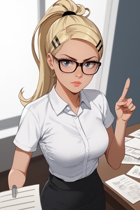 score_9, score_8_up, score_7_up, masterpiece, high quality, BREAK, realistic
 <lora:NoellePonyLora:1>Noelle, short hair, ponytail, hairclip, white collared shirt, black skirt, short sleeves, high heels, holding papers, serious loook, black framed glasses, pointing at paper, pov