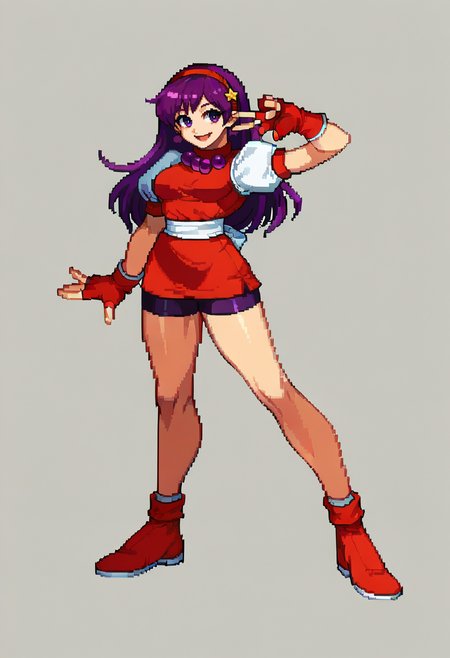 score_9, , score_7_up, BREAK, solo, 1girl,  smile, looking at viewer,  <lora:CPS2-pdxl_Fp:1>, simple background, full body, pixel art, <lora:AthenaKOF98:0.8>, Athnea98, purple hair, long hair, red hairband, beads, red vest, white puffy sleeves, biker shorts, fingerless gloves, v