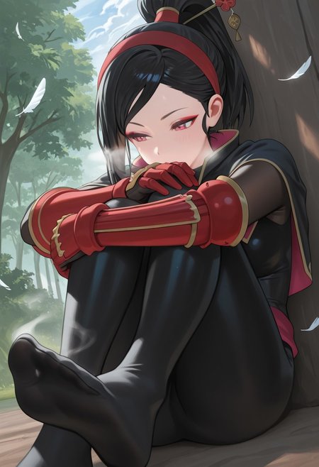 hoodILL,  outdoors, undershirt, falling feathers, black bodysuit, hair stick, hugging own legs, , gauntlets,   eyeshadow,   red gloves,  high ponytail,  , black capelet, red hairband, pink eyes, 1girl, solo, feet, visible breath,   dynamic angle, foreshortening, smell, steam,