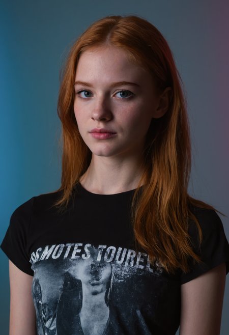 sdxl_jessidom, studio portrait, front view, wearing a black-metal tee, under soft blue and pink backlighting, ultra-sharp cinematic photo with glossy highlights and a provocative, high-fashion aesthetic