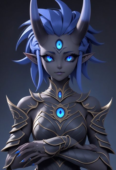3DMM, te'kharoth, third eye, tail, horns, short hair, messy hair, black sclera, 1girl, blue eyes, armor, crossed arms, upper body, small breasts, ornate armor, fantasy, magical aura, east asian architecture, painted fingernails, sharp fingernails, long fingernails,