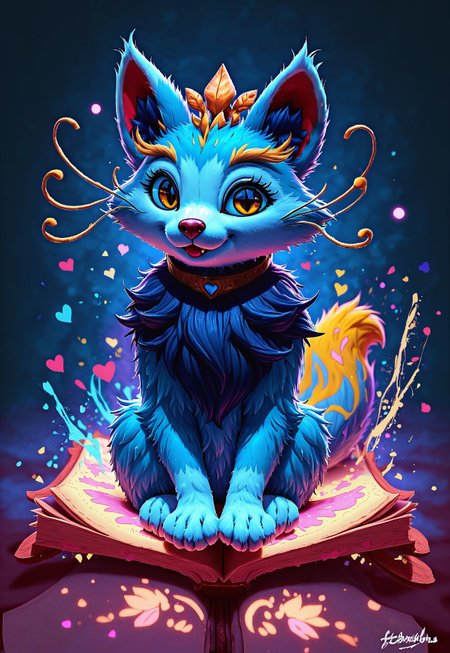 Score_9, Score_8_up, Score_7_up, Detailed draw, feral, animal, quadruped, wonderful, anthro, biped, no humans, (yuumi-default:1.5), blue fur, chest tuft, yellow whiskers, cute kitty pose (sitting on riding book:1.2), blonde eyebrows, headgear, necklace, yellow tail tip, cute,lick paw, cute lovely hearts detail, adorable, fur on legs, fur on paws, kiddy, nice,  cuddly, sitting, huge body, riding book, (floating object riding book:1.5), magic spells around book, floating object, kitty paws, (fluffy fur body:1.5), big cute eyes, looking at the viewer, happy eyes, long fur, two toned fur, yellow eyes, slit eyes, cute fangs, ng_deepnegative_v1_75t, (cute and pretty:luminescent paints, phosphorus paints, glows at night, paint splash), more detail fur and visual, warm color, vibrant colour, skydrome, disney style, 
