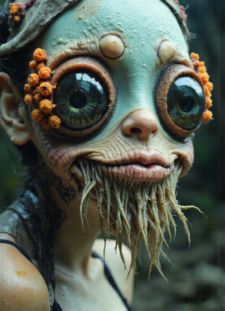 alien-themed A hyperrealistic (full body portrait:1.5) photograph captures an otherworldly being, its form a bizarre amalgamation of aquatic and insectoid features, rendered in exquisite detail, demanding immediate attention, and showcasing an uncanny presence, dominating the frame with its unsettling beauty, and eliciting a sense of both fascination and trepidation, all while maintaining a compelling visual narrative. The creatureâs skin is a mottled canvas of deep turquoise and earthy brown, punctuated by clusters of vibrant orange pustules, creating a texture that appears both slimy and strangely organic, showcasing a compelling interplay of color and form. Four enormous, bulbous eyes dominate the face, their irises a deep, glassy black, reflecting the surrounding environment with unsettling clarity, and drawing the viewer into their unsettling gaze, while hinting at an intelligence both alien and profound. 
Delicate, almost translucent tentacles cascade from the lower face, forming a bizarre and unsettling beard, their surfaces glistening with moisture, and appearing to writhe with a life of their own, contributing to the creature's overall impression of otherworldly elegance and grotesque charm. A small, puckered mouth sits below the eyes, hinting at a potential for both speech and malice, while the surrounding skin folds and creases emphasize the creature's age and experience, suggesting a long and complex history. The lighting is soft and diffused, highlighting the creature's textures and contours, while casting subtle shadows that add depth and dimension to the image, contributing to the overall sense of realism. Tiny droplets of water cling to the creatureâs skin, enhancing the impression of dampness and adding a sense of vulnerability, further emphasizing its alien nature. 
The background is blurred, suggesting a dimly lit, cavernous environment, possibly an underwater grotto or an alien temple, lending an air of mystery and intrigue to the scene, and allowing the creature to remain the primary focus of the photograph. The overall composition is carefully balanced, with the creature positioned slightly off-center, creating a sense of dynamism and visual interest, while drawing the viewer's eye towards its captivating features. The photograph evokes a sense of wonder and unease, blending the familiar with the utterly bizarre, and prompting reflection on the vastness and strangeness of the universe, showcasing the extraordinary possibilities of life beyond our own planet. The depth of field is shallow, blurring the background and isolating the creature, creating a sense of intimacy and vulnerability, while enhancing the impact of its unsettling gaze. . extraterrestrial, cosmic, otherworldly, mysterious, sci-fi, highly detailed