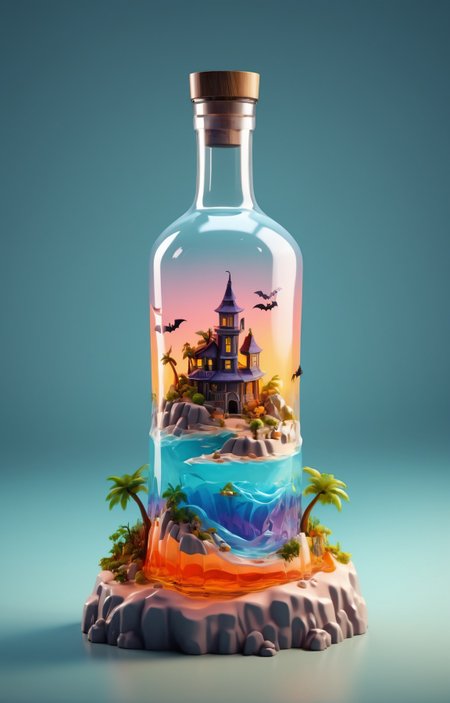 3d isometric, blender render, soft colorful-hued colors, <lora:Glass_Islands:0.75> a glass vodka bottle with a Halloween island in it, highly detailed, 4k, two tone lighting, simple background