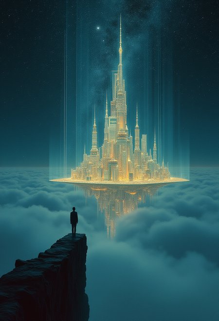 art by Mikalojus Konstantinas Ciurlionis, shot of a futuristic, gleaming metropolis suspended in mid-air above a starry expanse. glass encasement wraps around the city's edges, refracting light into kaleidoscopic hues. a haze of fog clings to the transparent barrier, shrouding the city's inhabitants from view. a lone figure stands at the edge, gazing out at the infinite darkness, as the stars twinkle like diamonds scattered across the void. Symbolism, mystical and visionary, exploration of music and spirituality, ambient, enhanced quality, enchanted, illustrious quality