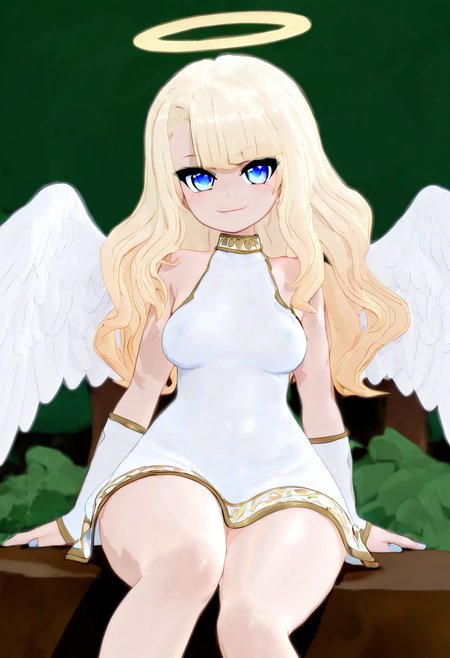 masterpiece, best quality, medium breasts, (curvy),   BREAK,  1girl, solo, blonde hair, wavy hair, angel, angel wings, halo, smile, sitting, forest, white dress,smile, looking at viewer, cowboy shot,   <lora:MantisNAI:0.8>,