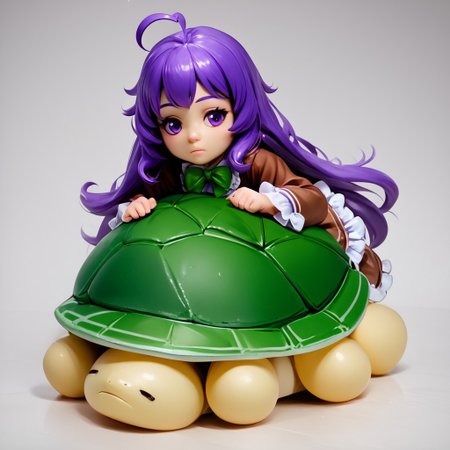 (score_9, score_8_up:1.1), score_7_up, (((realistic, photorealistic))), BanubeeFriends(Tetsu), 1girl, solo, full body, figure, three-quarter angle, dramatic angle, medium breast, vivid lighting white trim, white background, flat ground, full body, Ziru, 1girl, ahoge, very long hair, purple eyes, purple hair, closed mouth, expressionless, green_bowtie, long sleeves, brown dress, frilled dress, green shell, >_<, riding, stuffed_animal, turtle, on stomach,