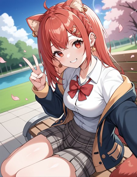 score_9, score_8_up, score_7_up, source_anime, rating_safe, BREAK <lora:ratnaPetitXL_LoRA-C3Lier_AdamW_Dim16_Alpha16_UN-3e-4_TE-1.5e-4_10batch_ponyDiffusionV6XL_v6StartWithThisOne:1>, ratna petit, 1girl, virtual youtuber, animal ears, animal ear fluff, ear piercing, crown braid, ahoge, red hair, long hair, red eyes, tail, star earrings, hair ornament, black jacket, open jacket, cardigan under jacket, hooded cardigan, white shirt, red bow, plaid skirt, smile, dutch angle, head tilt, v, selfie, depth of field, eye focus, sitting, park bench, cherry blossoms, falling petals, blue sky, cloud, sunlight, lens flare
