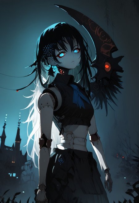 zPDXL3,  DemizuPosuka, NLSTN,Dark Fantasy page,1girl, intricate glowing tattoos, wings, black hair, side braid, undercut, curvy, perfect face, 
BREAK
looking at viewer, standing, medium breast, covered, gothic clothing, black clothing, midriff, skimpy clothing, dramatic pose,
BREAK
face focus, detailed face, red eyes, glowing eyes, neon, vibrant color, dynamic lighting, night, castle, dim lighting, [backlighting]
BREAK 
(score_9, score_8_up, score_7_up), (Masterpiece), (expressive eyes), 1girl, 
Automaton, colored skin, (white_skin:2.0), (joints:2.0), white hair, blue eyes, glowing blue eyes, 
<lora:MGE_V5.0:1.2> 
Long hair, very long hair,