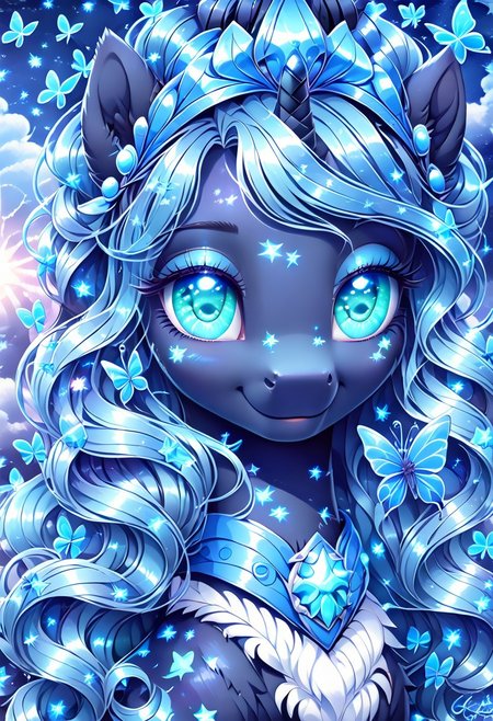 masterpiece, score_9, score_8_up, score_7_up, score_6_up, (best quality:1.1), ultra-detailed, high resolution, (Feral pony), (SOLO), (ALICORN PONY), (1WOMEN), (LUNA), (highly detailed pony face:1.5), (beautiful detailed turquoise eyes), (detailed blue wavy starry hair:1.5), (detailed dark blue  fur:1.5), (lidded eyes), (soft calm smile), (blue shiny royal regalia:1.5), (blue flower:1.5), (blue butterflies:1.5), ((bright blue vibrant starry night sky background:1.7)), (blue clouds:1.5), (blue crepuscular rays:1.5), high quality, sharp, the quality of ai art is frightening, highly detailed, Highly Visible, sharp focus, high detail, detailed background,