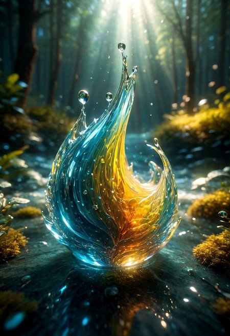An abstract shape, amazingly fluid, made of glass, detailed, 3d fractals, light particles, water drops, shimmering light, surreal, ink, smooth, shimmering, glow, cinematice contrast, Glow, 
16k