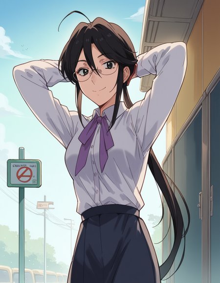 score_9, score_8_up, score_7_up, source_anime, <lora:sae-shirai-s1-ponyxl-lora-nochekaiser:1>, sae shirai, long hair, black hair, ponytail, ahoge, glasses, black eyes, hair between eyes, sidelocks, medium breasts,, shirt, long sleeves, neckerchief, collared shirt, skirt, long skirt, bus stop, waiting, commuter, smartphone, checking time, cold morning, smile, hands behind head,, looking at viewer, solo,, dutch angle, cowboy shot
