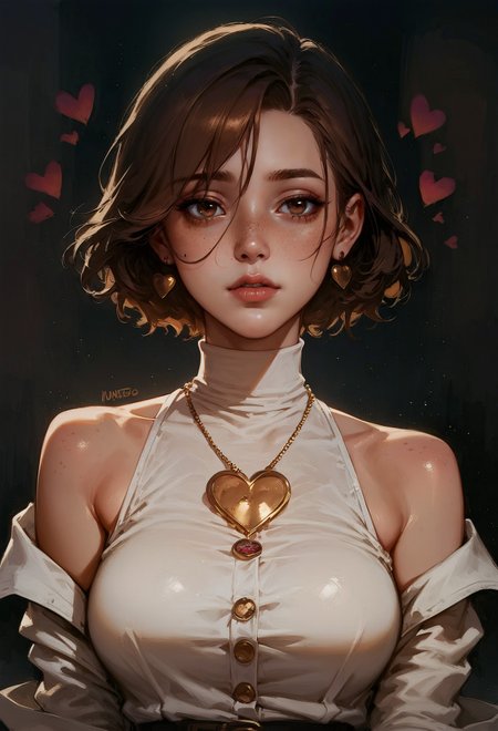 (score_9, score_8_up:1.1), score_7_up,  1girl, solo, expressive, hearts, dynamic, brown hair, short hair, brown eyes, pale skin girl, pale skin, freckles, turtleneck, bare shoulders, golden buttons, heart necklace, blush, red rose in hair, looking_longingly, seductive, sexy_woman, black background  <lora:pony/twilight_style:0.8> <lora:pony/expressiveh:0.8> <lora:sdxl/sinfully_stylish_sdxl>