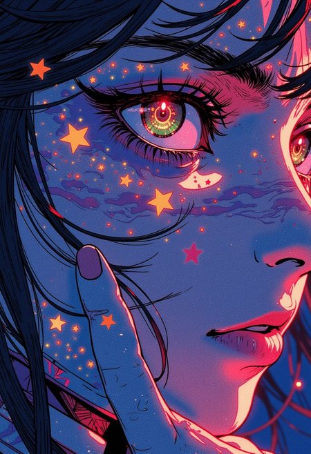 anime-style, close-up-face, glowing face tattoo of stars, surreal-glowing-eyes, intricate-pupil-design, ethereal-rainbow-reflections, expressive-emotional-stare, soft-pencil-shading, dreamlike-vivid-colors, loose-hair-in-motion, abstract-light-effects, intense-focus-on-eyes, cinematic-composition, lightly-blushed-cheeks, pastel-toned-palette, delicate-linework, melancholic-expression, hyper-detailed-eyelashes, vibrant-color-contrast, artistic-surrealism, immersive-anime-aesthetic