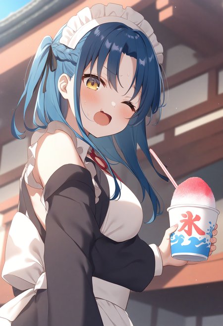 1girl,sincos, ningen mame, toosaka asagi,solo,large breasts,20yo,maid,maid headdress,
shaved ice,<lora:shavedice_XL_v1:0.8>
holding drinking straw, spoon straw, eating, open mouth,
from below, cinematic angle, looking back, blue hair, golden eyes,wince, temple, closed mouth, braid hair,,
best quality, very aesthetic, absurdres